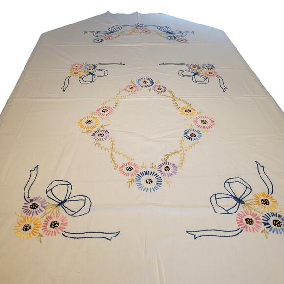 Vintage Handmade Bedspread Embroidered Flowers 72x80 Fringe Edges Floral Retro - Picture 2 of 14
